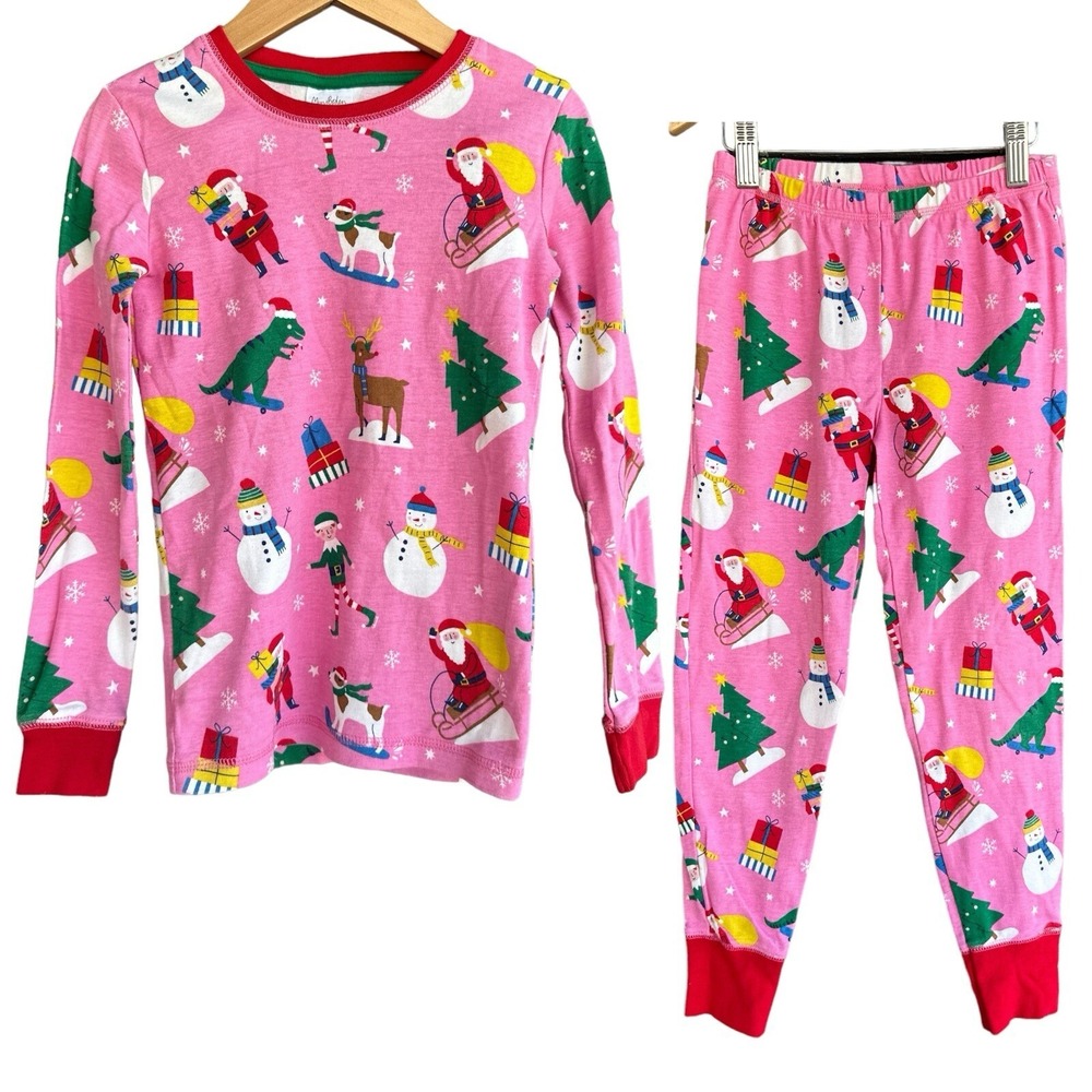 Mini‎ Boden Girls Christmas Pajama Set Sz 8 Pink Reindeer Santa Dinosaur Lounge